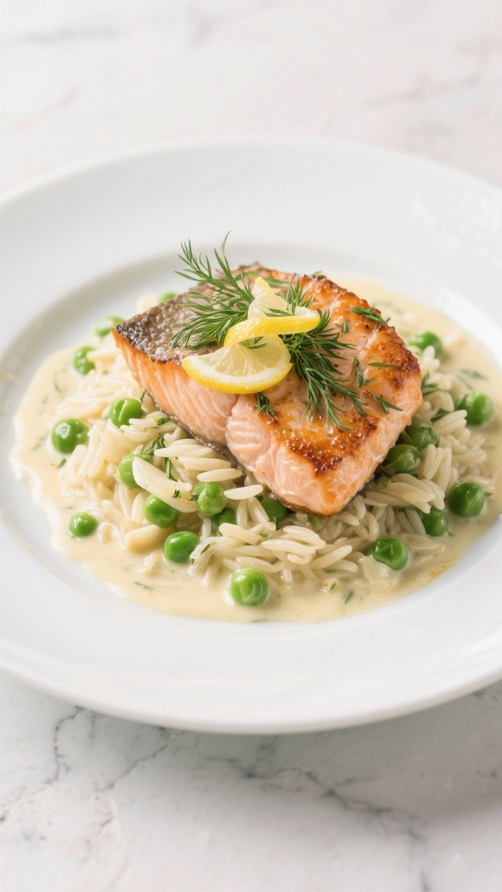 45-degree plated presentation of creamy lemon-dill salmon atop garlicky orzo with peas: seared salmon fillets with crackled edges, coated in a silky lemon-dill cream sauce, orzo studded with bright green peas and buttered garlic sheen; garnished with fresh dill fronds and lemon zest curls; light, airy coastal vibe, white plate on pale stone surface, subtle sauce pooling, high-resolution detail.