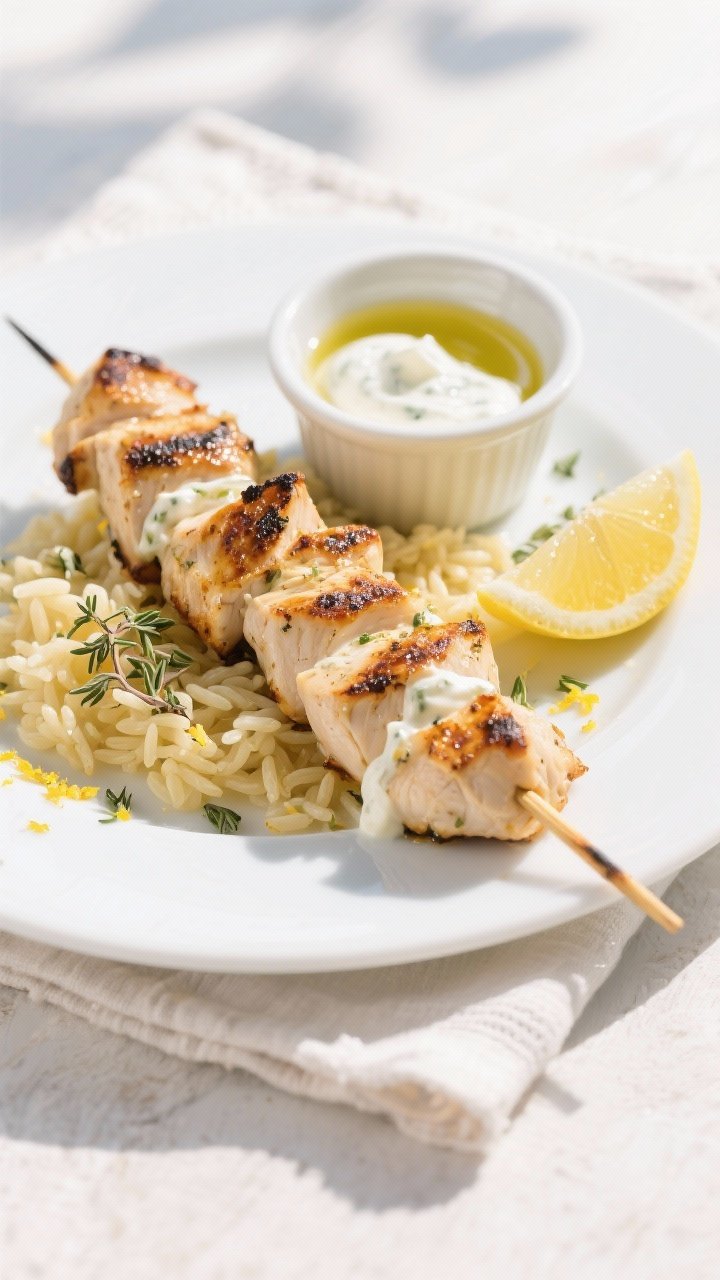 45-degree plated presentation of Greek yogurt marinated chicken souvlaki: juicy, lightly charred chicken breast skewers showing creamy yogurt marinade caramelization, served alongside lemony orzo; garnish of dried oregano and fresh lemon zest; a small ramekin with extra tangy yogurt marinade and a drizzle of olive oil; bright Mediterranean styling on a white plate with a linen napkin, sunlit, clean background.