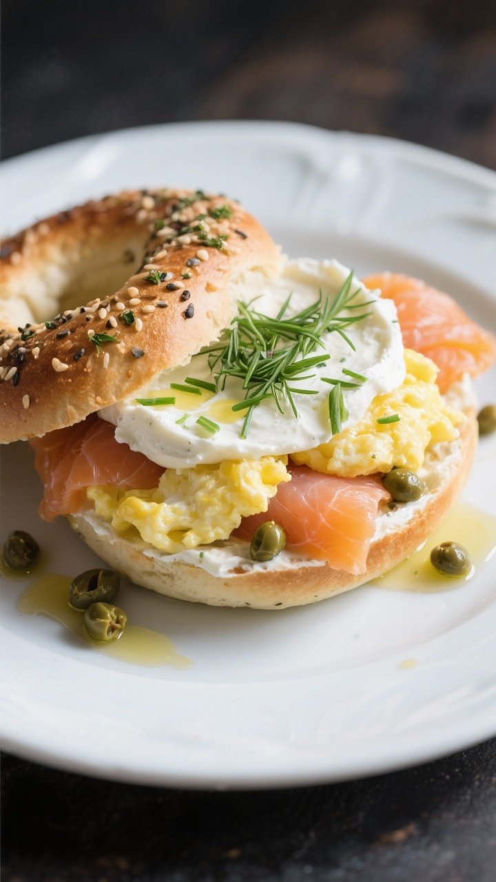 45-degree plated shot of a lox-inspired egg, salmon, and herbed labneh bagelwich on an everything bagel: herbed labneh (labneh whisked with lemon juice, dill, and chives) generously spread, silky smoked salmon layered, two softly scrambled eggs tucked in, capers scattered on the plate, a drizzle of olive oil catching the light. Fresh dill and chives sprinkled on top; clean, cool tones to echo deli/brunch aesthetics.