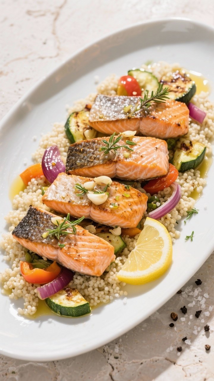 45-degree plated shot of garlicky lemon herb salmon: four skin-on fillets seared until the skin is crisp, brushed with olive oil, minced garlic, lemon zest and juice, oregano and thyme; set atop fluffy couscous studded with roasted zucchini, bell pepper, and red onion; a gloss of pan juices and lemon slices tucked alongside; sprinkled kosher salt and black pepper visible; bright, sunlit Mediterranean vibe on a light stone surface.