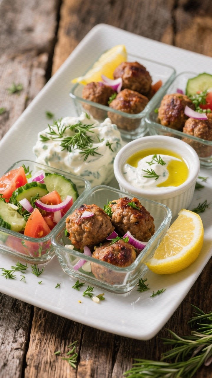 45-degree plated shot of Greek turkey meatball boxes: juicy browned turkey meatballs flecked with grated red onion, garlic, parsley, dried oregano, and ground coriander, nestled with cucumber-tomato salad and lemon-dill tzatziki in a ramekin; lemon wedges and extra dill scattered, olive oil sheen; served in compartment-style glass containers on a rustic wooden table for fresh Mediterranean appeal.