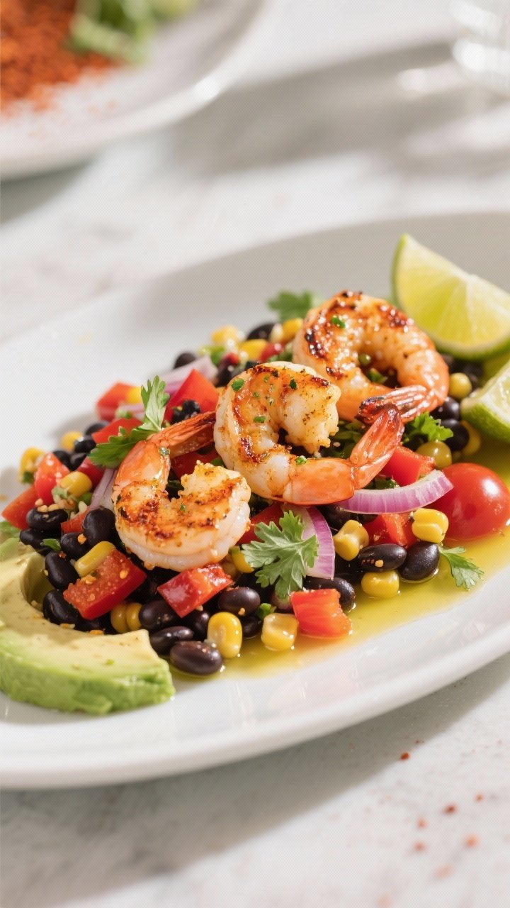 45-degree plated shrimp salad: chili-lime shrimp (chili powder, smoked paprika, garlic powder, kosher salt, lime zest and juice) seared with light char, arranged over a black bean and corn salad with diced red bell pepper, red onion, cherry tomatoes, and cilantro; avocado slices and extra lime wedges on the side; glossy olive oil sheen, summery, bright and zesty mood.