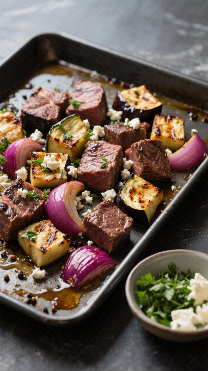 45-degree sheet-pan “power bake” scene: sirloin steak cubes and eggplant cubes roasted with red onion wedges, olive oil, kosher salt, and black pepper until caramelized; finished with herby feta crumbles scattered over top; edges lightly charred, juices pooling; served on a dark metal pan with a small bowl of chopped herbs and extra feta to the side for a hearty, rustic look.