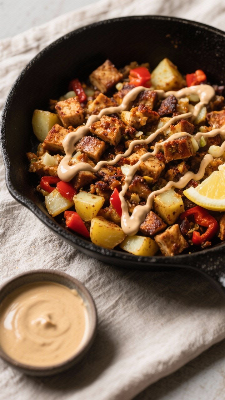 45-degree skillet action shot of savory tempeh breakfast hash: crumbled tempeh browned with soy sauce/tamari, smoked paprika, and ground cumin; tiny diced Yukon gold potatoes crisping, small red bell pepper pieces adding pop; a finishing garlicky tahini drizzle zigzagged over the hash, visible olive oil shimmer; served in a black cast-iron pan on a linen with a small bowl of tahini sauce and lemon wedge, hearty and smoky atmosphere.