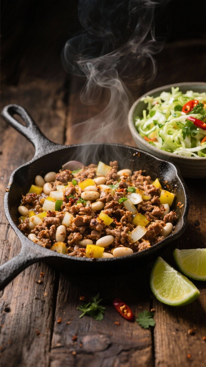45-degree skillet scene of Smoky Turkey and White Bean Skillet with Chili-Lime Slaw: cast-iron skillet holding sautéed ground turkey, white beans, diced yellow onion, minced garlic, and smoky spices; visible char and gloss from olive oil; beside it, a vibrant chili-lime slaw in a mixing bowl (shredded cabbage, lime juice, chopped cilantro, a pinch of chili), lime wedges on the side; rustic wooden table, steam rising, dramatic side lighting to emphasize texture and warmth.