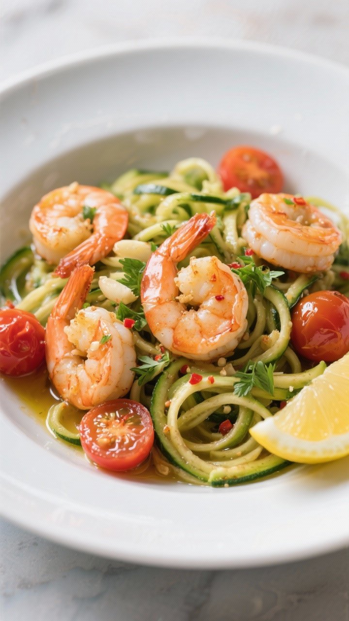 45-degree skillet-to-plate shot of Garlic-Lemon Shrimp with Zucchini Noodles and Cherry Tomatoes: large shrimp, peeled and deveined, sizzling in extra-virgin olive oil with minced garlic and optional red pepper flakes, finished with lemon zest and juice; twirls of glossy zucchini noodles and burst cherry tomato halves; plated in a shallow white bowl, micro parsley, lemon wedges on the side, light and fresh coastal feel, crisp highlights.