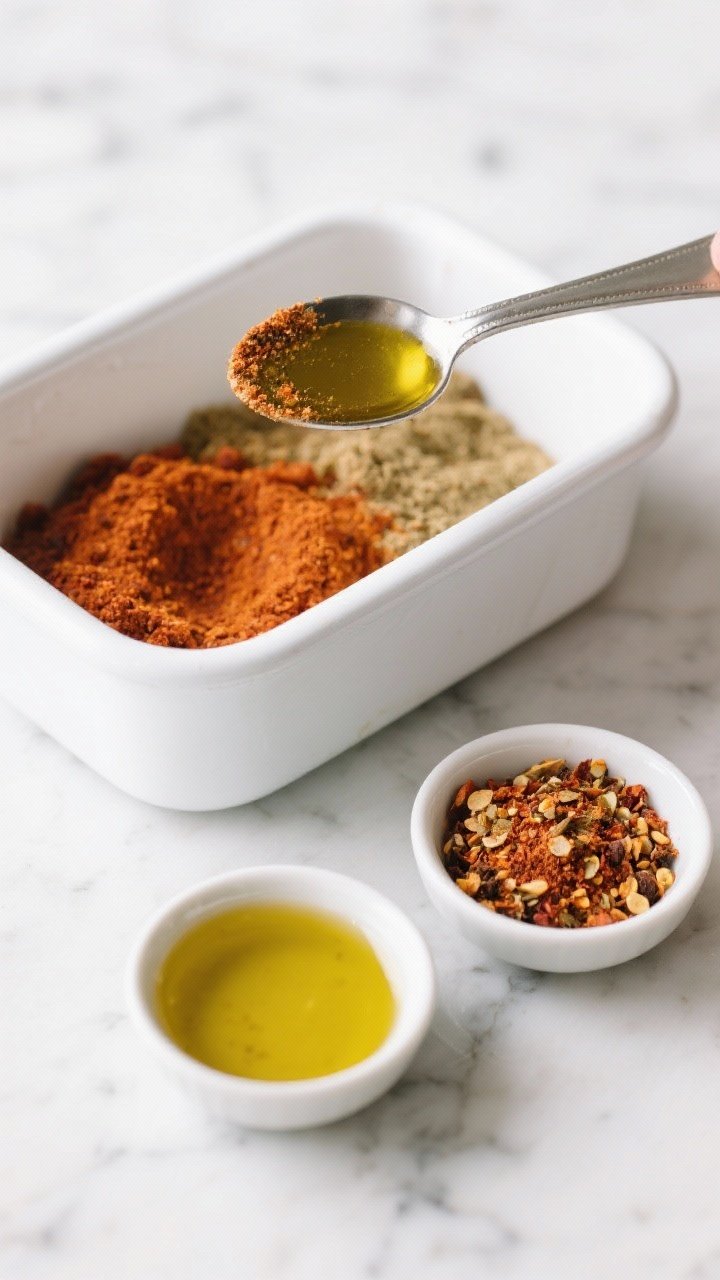 5 tbsp olive oil rub; vibrant warm spices against a cool white enamel meal prep container on a marble surface; small bowls of spice mix and oil visible; bright, zesty, clean styling, no people.