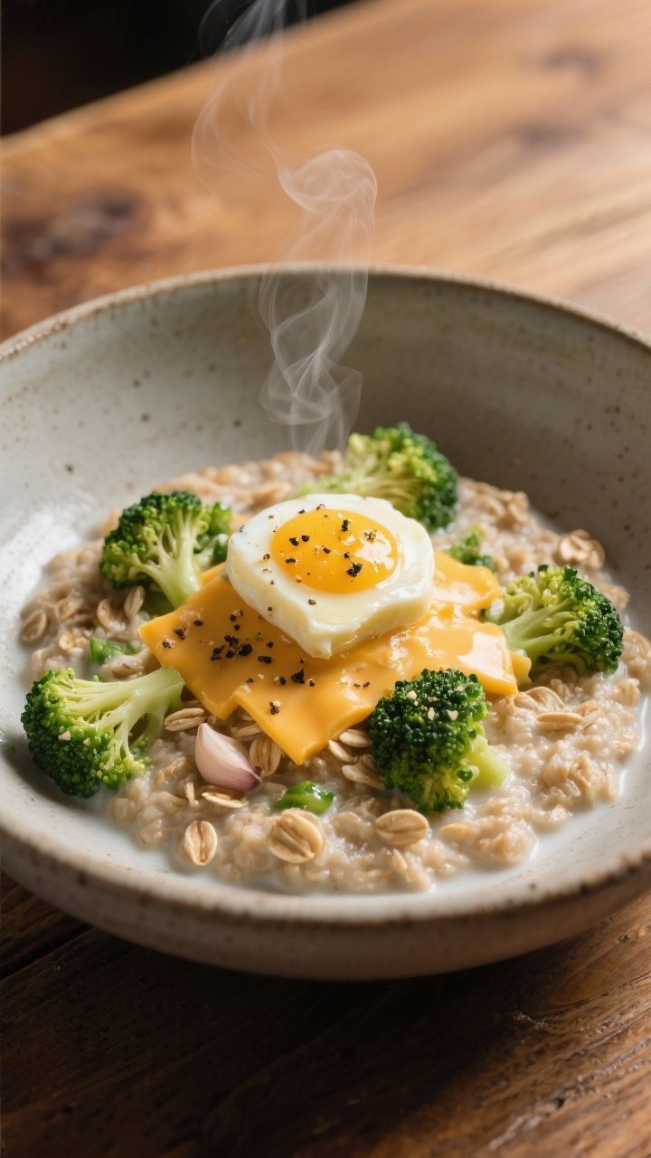 A 45-degree angle bowl shot of savory oatmeal: creamy old-fashioned oats cooked with milk, folded with small broccoli florets and sharp cheddar, topped with a pat of melted butter and a soft-yolk egg; steam rising, a sprinkle of garlic powder and black pepper visible; served in a matte stoneware bowl on a wooden table, cozy and hearty.