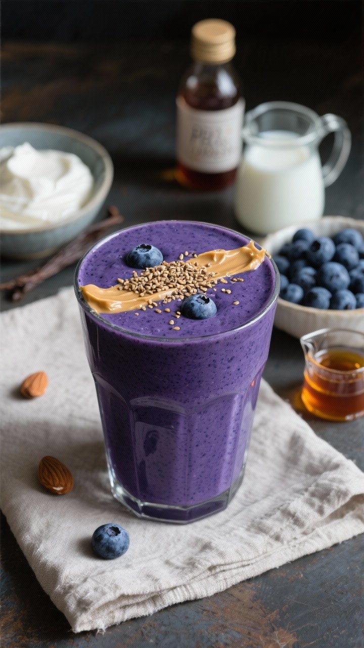 A 45-degree angle close-up of a blueberry almond “PB&J-ish” smoothie in a heavy tumbler, deep indigo-purple color, garnished with a ribbon of almond butter and a sprinkle of ground flaxseed. Include a bowl of frozen blueberries, Greek yogurt, milk of choice, vanilla extract bottle, and a small pitcher of maple syrup. Moody yet inviting light, textured linen napkin, emphasis on thick, satisfying body and nutty notes.