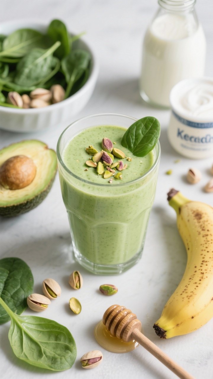 A 45-degree angle close-up of a green glow pistachio smoothie in a clear glass, shockingly creamy with a pale pistachio-green color. Garnish with crushed pistachios and a small spinach leaf. Arrange half a ripe avocado, packed baby spinach, shelled pistachios, a frozen banana, kefir bottle, and Greek yogurt bowl around it; a honey dipper with a tiny gloss of honey nearby. Fresh, clean studio light, cool greens, smooth and lush texture emphasized.