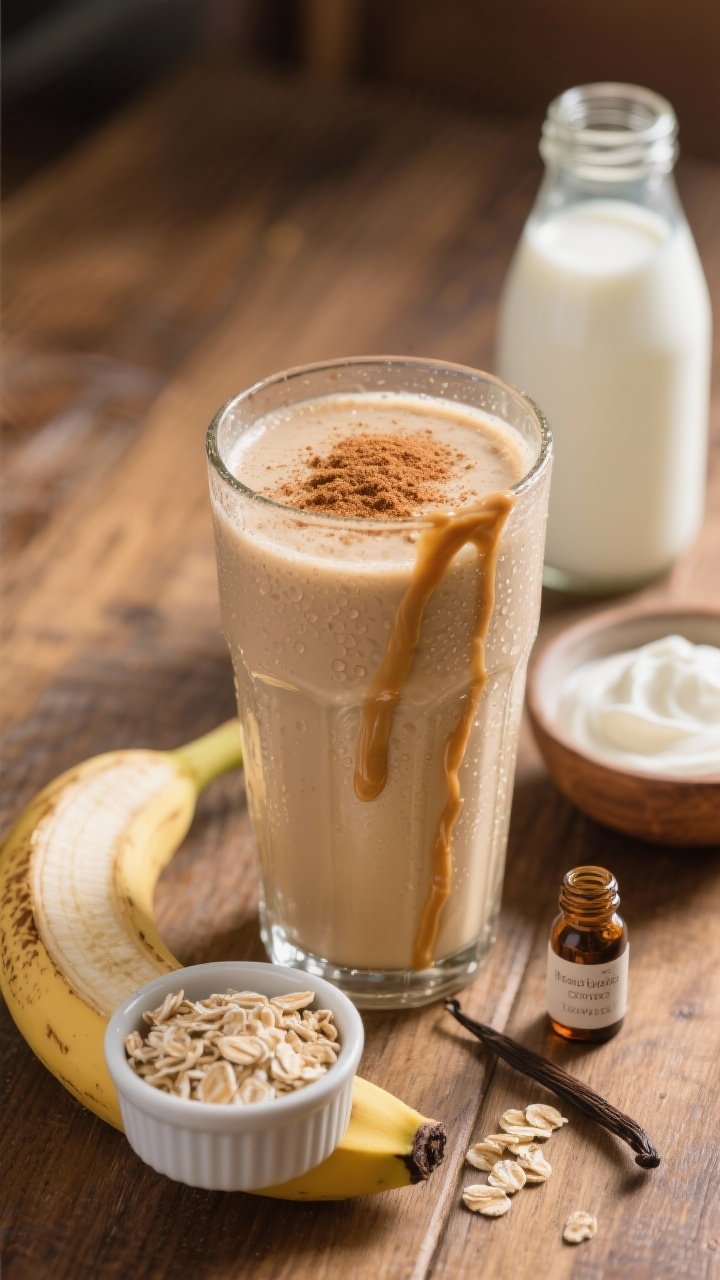 A 45-degree angle close-up of a peanut butter banana power shake in a tall chilled glass, thick and milkshake-like, topped with a dusting of cinnamon and a drizzle of natural peanut butter down the inner glass. Include ingredients staged beside it: one frozen banana, rolled oats in a ramekin, plain Greek yogurt in a small bowl, a bottle of dairy milk, and a tiny vial labeled vanilla extract. Warm cozy tones, wood table, subtle condensation on the glass, sharp focus on texture.