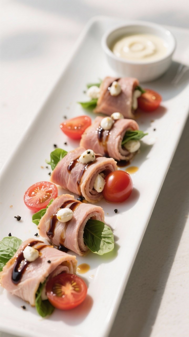 A 45-degree plated presentation of Caprese turkey roll-ups on a long white platter: thick-cut deli turkey slices wrapped around mozzarella pearls, halved cherry tomatoes, and fresh basil leaves. Each roll-up finished with a glossy balsamic drizzle and a few cracks of black pepper. Bright, fresh colors with a small bowl of light cream-based dressing off to the side; minimalist styling, crisp highlights.