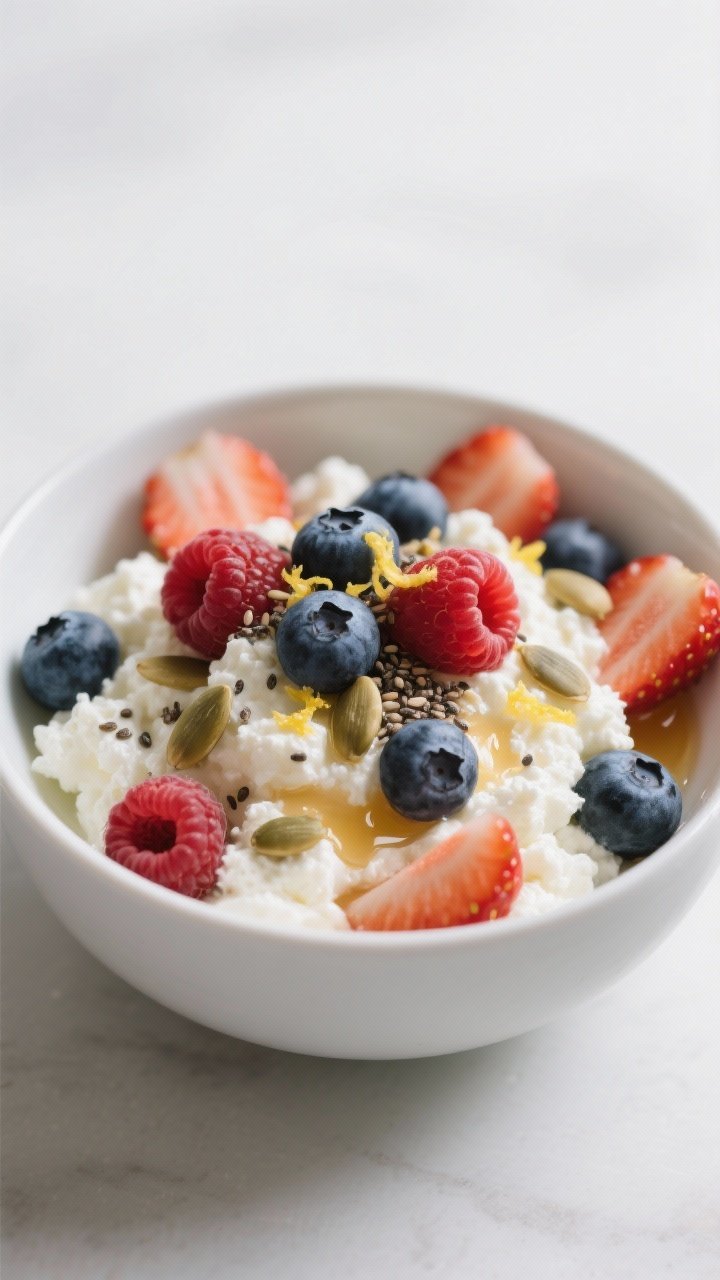A close-up, straight-on bowl shot of a cottage cheese berry bowl: low-fat cottage cheese mounded in a matte white bowl, topped with a mix of blueberries, strawberry slices, and raspberries; a sprinkle of pumpkin seeds plus chia or hemp seeds for crunch; a glossy honey drizzle kissed with fresh lemon zest pooling on the curds; cool, diffused light highlighting creamy curds and juicy berry textures.