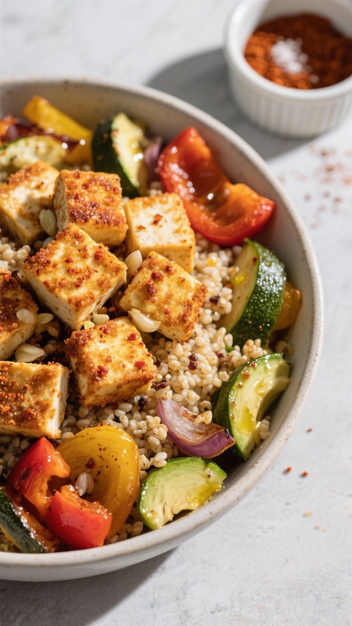 A dynamic 45-degree bowl shot of crispy air fryer tofu and veggie breakfast bowls: golden, cornstarch-dusted tofu cubes with a paprika-garlic crust piled over warm quinoa, surrounded by colorful roasted breakfast veggies (e.g., bell peppers, zucchini) lightly glossed with olive/avocado oil; a ramekin of smoked paprika and a pinch of salt nearby; crisp textures and contrasty lighting to highlight crunch.