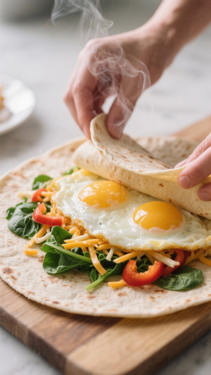 A process-focused straight-on shot of a 2-egg microwave omelet wrap being assembled: a high-fiber tortilla (8–10 inch) on a board, filled with fluffy microwave-cooked eggs (2 eggs whisked with 1 tablespoon milk/water), 1/4 cup melted shredded cheese (cheddar or mozzarella), and 1/4 cup chopped baby spinach or pre-sliced peppers. Steam still visible, edges of the tortilla ready to fold, simple kitchen backdrop, vivid colors of greens and peppers.