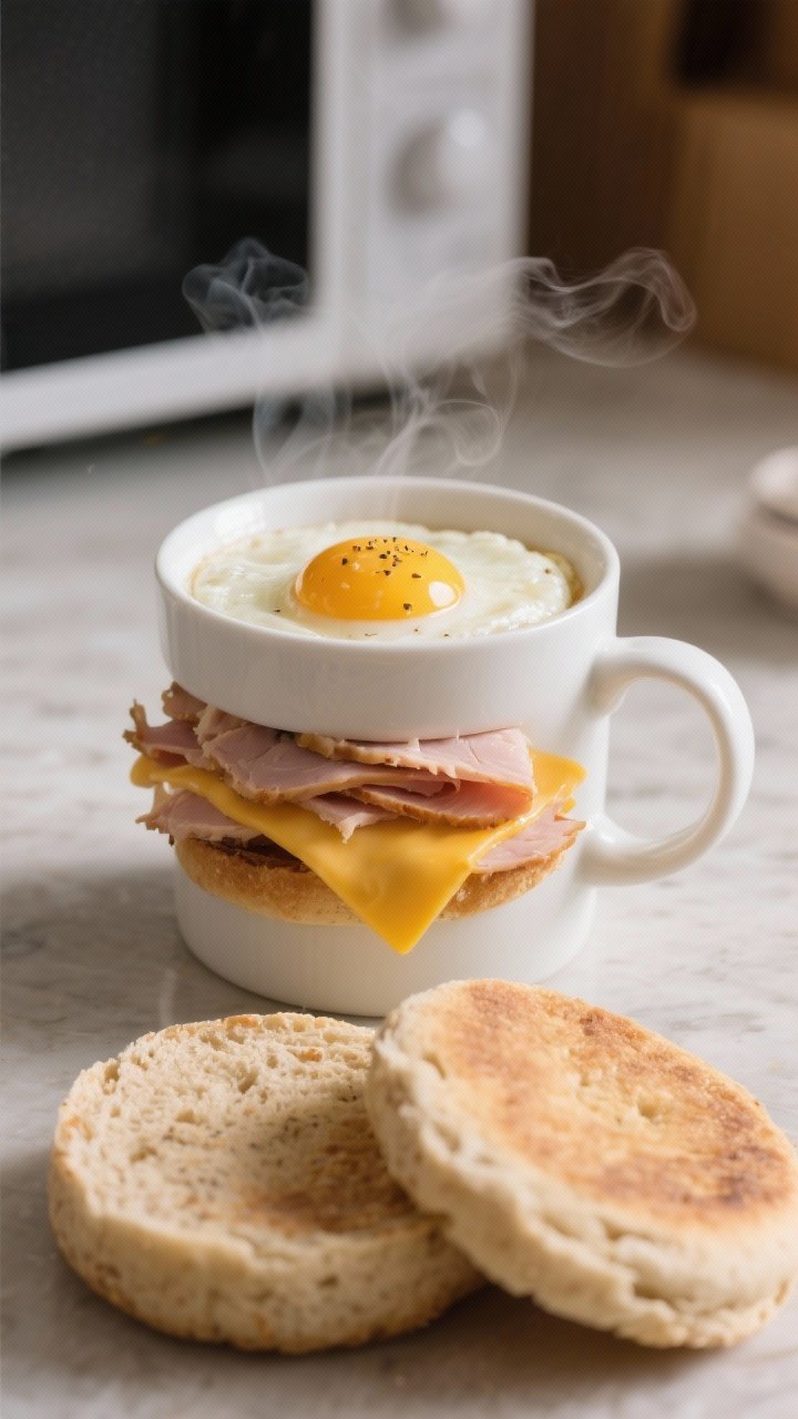 A straight-on microwave mug scene for the turkey, egg, and cheese mug stack: a white mug holding a just-set fluffy egg (1 egg whisked with 1 tablespoon milk/water, salt, pepper), layered with torn slice of deli turkey and melted cheddar (1 slice or 2 tablespoons shredded). In the foreground, a split whole-grain English muffin ready to sandwich the mug-cooked stack. Warm, cozy kitchen counter, gentle steam, sharp focus on melty cheese.