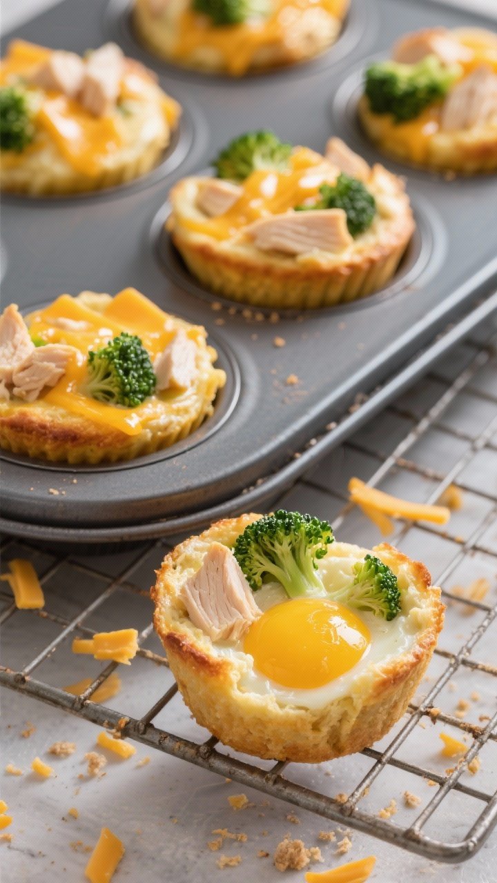 A straight-on muffin tin reveal of baked egg muffins: golden, puffed egg cups studded with chopped cooked chicken breast, small broccoli florets, and melted sharp cheddar; lightly browned cheesy tops and visible green broccoli peeking through; one muffin cut open to show fluffy interior; cooling on a wire rack with a few scattered cheddar shreds and broccoli crumbs for realism, grab-and-go breakfast mood.