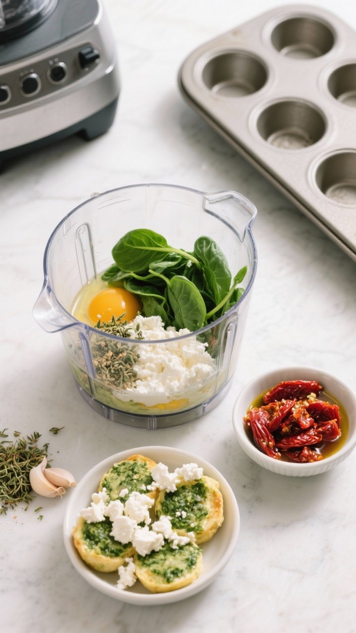 An ingredients-and-process flat lay of blender spinach-egg bites: a high-speed blender jar filled with eggs, cottage cheese, packed baby spinach, dried oregano, and garlic powder; small bowls of crumbled feta and chopped oil-packed sun-dried tomatoes alongside a greased mini muffin tin ready to fill; bright, clean lighting emphasizing vibrant greens and reds.