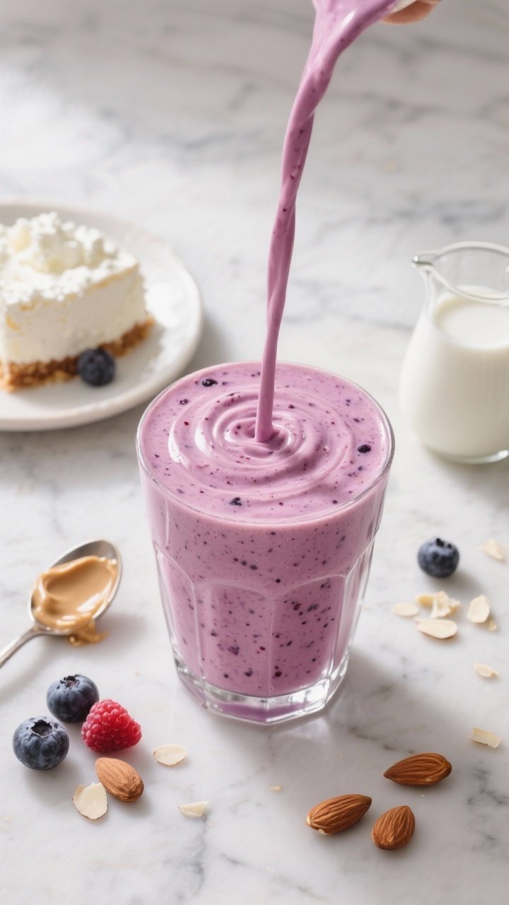 An overhead shot of a creamy berry cheesecake smoothie poured into a clear glass, swirled thick with visible flecks of mixed berries and a smooth, glossy finish. Style with low-fat cottage cheese and a dollop of plain Greek yogurt on a small plate, a spoonful of almond butter, and a splash of unsweetened almond milk in a mini jug. Scatter a few frozen mixed berries and almond slivers on a cool marble surface. Soft morning light, cool magenta and cream tones, professional food styling, no people.