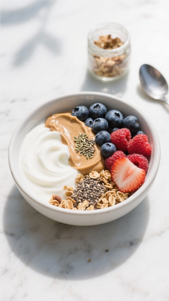 An overhead shot of a Greek yogurt power bowl in a matte white ceramic bowl: 3/4 cup plain 2%–5% Greek yogurt swirled creamy and thick, topped with a 1/2 cup mix of fresh blueberries, raspberries, and strawberries, a glossy ribbon of 1 tablespoon almond or peanut butter, a sprinkle of 1 tablespoon hemp seeds or chia seeds, and a scattering of high-protein granola for crunch. Styled on a light marble surface with a small jar of granola and a spoon, bright morning light, clean, energizing mood.