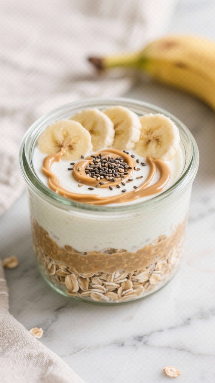 An overhead shot of almond butter banana overnight oats in a clear glass jar on a cool marble surface: visible layers of old-fashioned rolled oats soaked in unsweetened almond milk and plain Greek yogurt, swirled almond butter ribbon, chia seeds sprinkled on top, and fanned slices of half a ripe banana; garnished with a pinch of extra chia and a tiny drizzle of almond butter; soft morning light, neutral linens, crisp focus on creamy texture and nutty swirls.