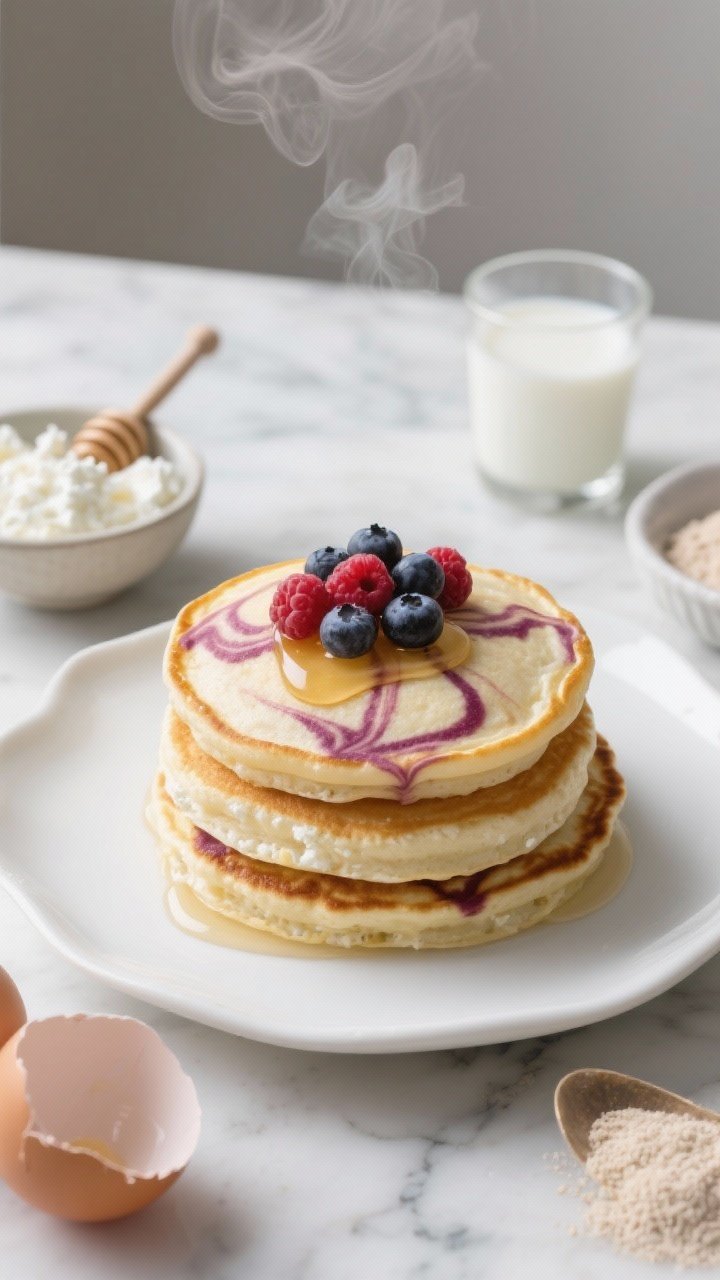 An overhead shot of fluffy cottage cheese pancakes stacked on a white ceramic plate, golden edges with a vivid berry swirl marbled through the batter, topped with fresh mixed berries and a light drizzle of honey; visible ingredients set around: a small bowl of 2% cottage cheese, cracked eggs, a scoop of white whole wheat flour, baking powder, and a splash of milk in a glass; soft morning light on a marble surface, minimal props, steam gently rising.