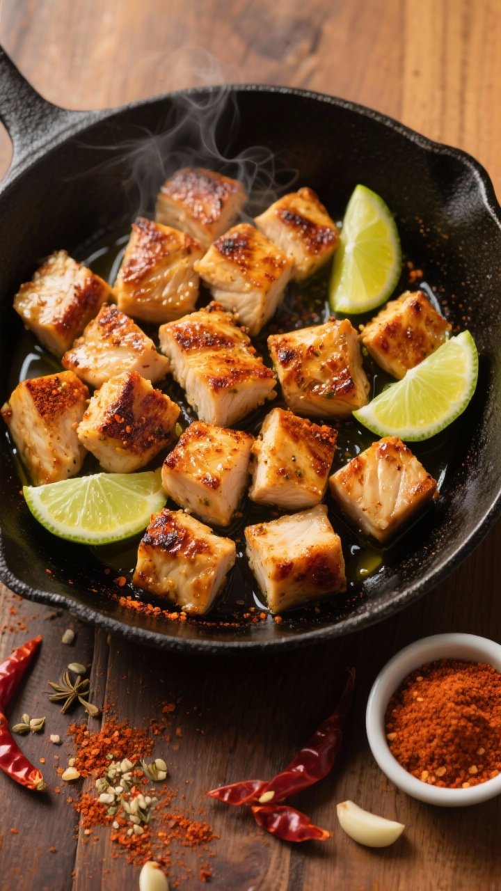 An overhead shot of smoky chili-lime chicken bites just out of the skillet: golden-browned 1-inch chicken breast cubes glistening with olive oil, coated in a visible spice blend of chili powder, smoked paprika, ground cumin, garlic powder, and onion powder. Serve in a matte black shallow bowl with lime wedges and a light sprinkle of chili powder on a warm wooden surface; a small ramekin of the dry rub sits nearby. Bright, punchy colors, crisp sear marks, steam rising, no people.