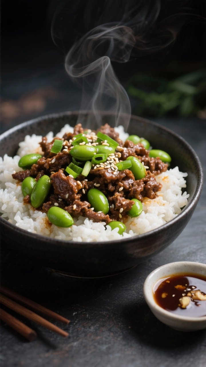 Bowl-focused 45-degree shot of Korean-inspired beef and edamame rice bowls: fluffy white rice topped with glossy, savory-sweet ground beef (soy sauce/tamari, brown sugar, garlic, fresh ginger) sprinkled with bright green edamame; garnished with scallions and sesame seeds; a small dish of extra sauce at the side; steam visible, moody contrast for a weeknight comfort vibe.