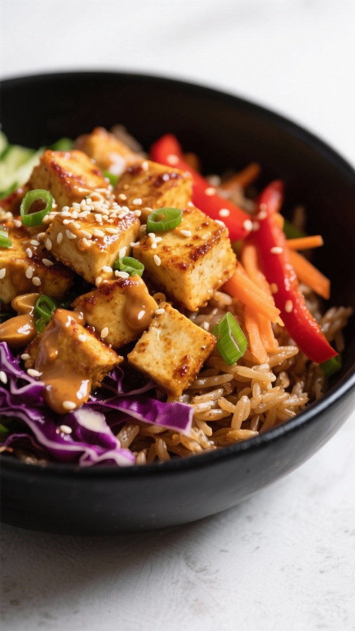 Close-up 45-degree bowl shot of spicy peanut tofu crunch bowls: golden seared cubes of extra-firm tofu, cooked brown rice or chilled rice noodles base, shredded purple cabbage, shredded carrots, thinly sliced red bell pepper, and green onion; generous drizzle of glossy spicy peanut sauce and a sprinkle of sesame seeds; bold colors, high contrast, on a matte black bowl.