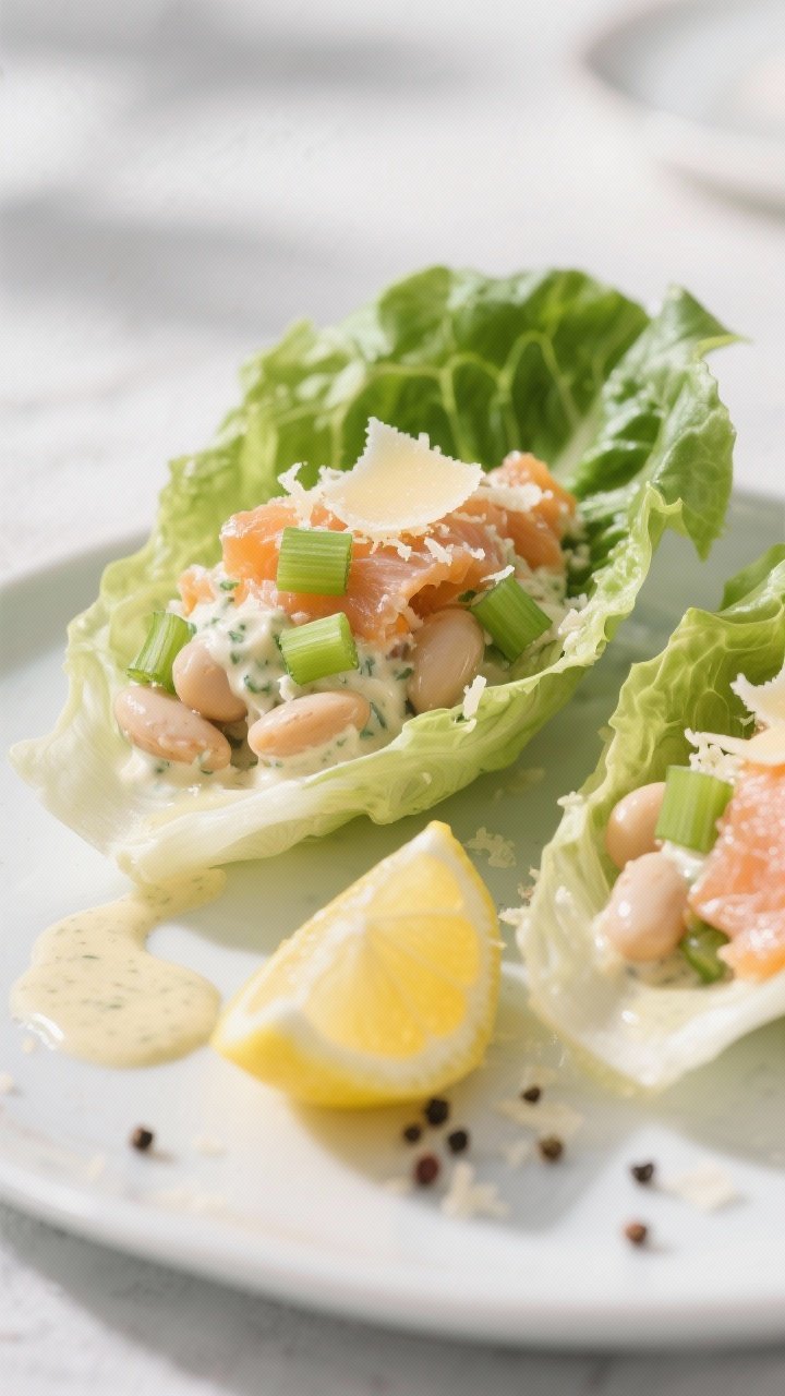 Close-up 45-degree plated lettuce cups: crisp romaine leaves filled with a creamy mix of canned salmon and cannellini beans bound with light Caesar dressing and lemon juice, topped with grated Parmesan and finely chopped celery for crunch; extra dressing drizzled lightly, lemon wedges and cracked pepper nearby; cool, bright lighting for a fresh, zesty feel.