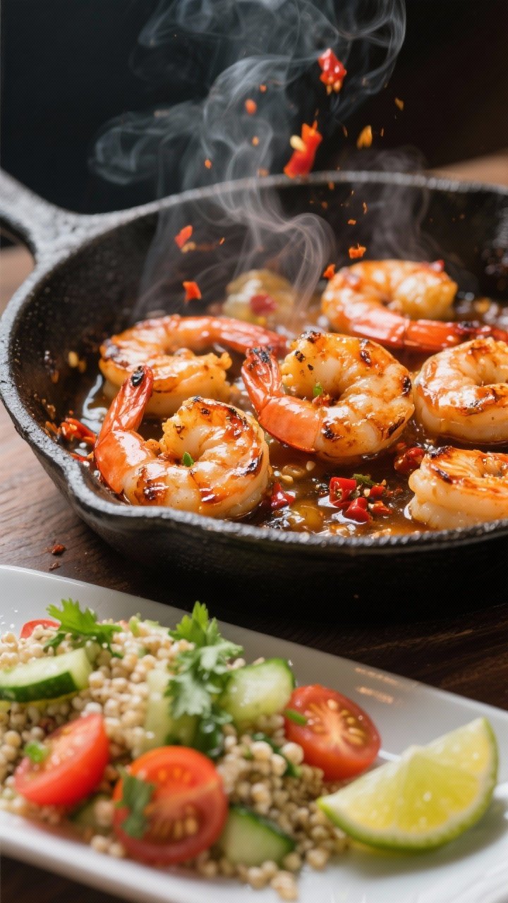 Close-up action shot: chili-garlic shrimp sizzling in a skillet, lightly charred edges, glistening from a sauce of chili garlic, honey, lime juice, olive oil, smoked paprika, and a pinch of salt. Plated alongside a cool quinoa cucumber salad with chopped cilantro, cherry tomatoes, and a light lime dressing. Condensation and steam visible, contrasting warm-cool tones, fresh and fiery.