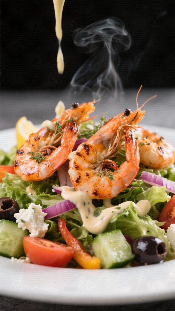 Close-up action shot of Charred Shrimp Greek Salad: large shrimp tossed with olive oil, dried oregano, smoked paprika, kosher salt, and black pepper, seared until lightly charred and nestled over chopped romaine and mixed greens with juicy tomatoes, cucumbers, red onion, Kalamata olives, and crunchy peppers; creamy feta-lemon dressing drizzled in ribbons, feta crumbles glistening; shallow depth of field, steam faintly visible.