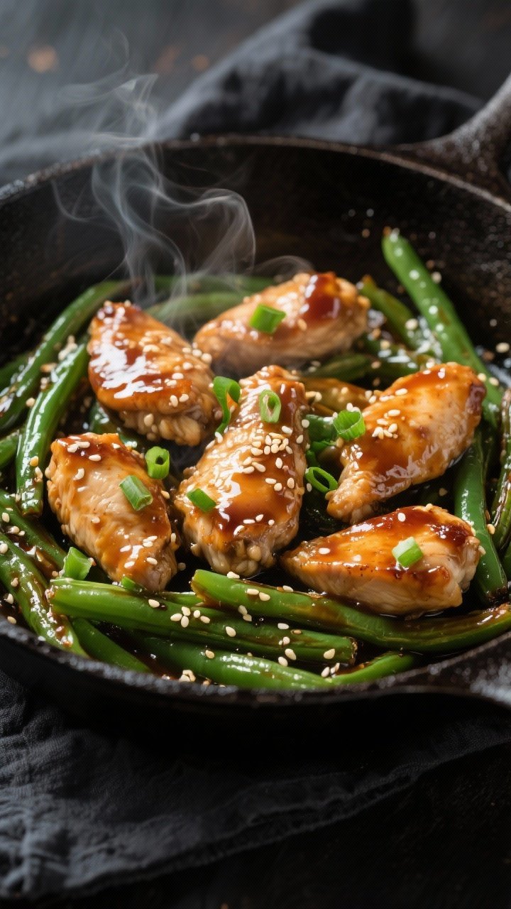 Close-up action shot of Honey-Soy Garlic Chicken with Sesame Green Beans in a skillet: bite-size chicken lightly glossy from cornstarch sear, lacquered in honey-soy-garlic sauce; blistered green beans tossed with sesame oil, sprinkled with sesame seeds; steam rising, sauce clinging to edges; chopped green onions scattered for color; dark cast-iron pan on a charcoal linen for contrast, ultra-appetizing shine.