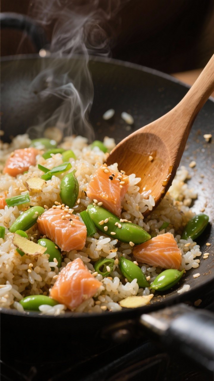 Close-up action shot of Sesame-Ginger Salmon Fried Rice with Edamame Crunch in a carbon steel wok: day-old rice tossed with flaked leftover cooked salmon, bright green edamame, scallions, a glisten of neutral oil and sesame oil; visible sesame seeds, grated ginger, and soy splash; a wooden spatula stirring, grains separated and slightly crisp; warm backlight highlighting steam and the glossy finish, tight depth of field for appetizing detail.