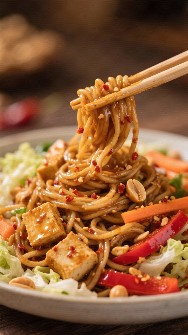 Close-up action shot of Spicy Tofu Peanut Noodles With Crunchy Veggies: whole-wheat noodles tangled with golden seared cubes of extra-firm tofu, shredded cabbage, julienned carrot, and thin red bell pepper; glossy spicy peanut sauce clinging to strands, crushed peanuts and chili flakes sprinkled; chopsticks lifting a bite, bokeh background, rich warm tones, emphasis on saucy sheen and crunchy textures.