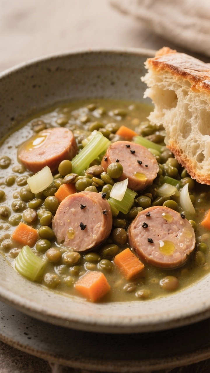 Close-up bowl shot of creamy green lentil and chicken sausage stew, thick and hearty with visible sliced chicken sausage rounds, tender green/brown lentils, diced carrots, celery, onion, and minced garlic; silky, brothy sheen with tiny bubbles, sprinkled with cracked black pepper and a drizzle of olive oil; served in a matte stoneware bowl with a torn piece of crusty bread beside it; cozy, warm-toned lighting emphasizing texture.