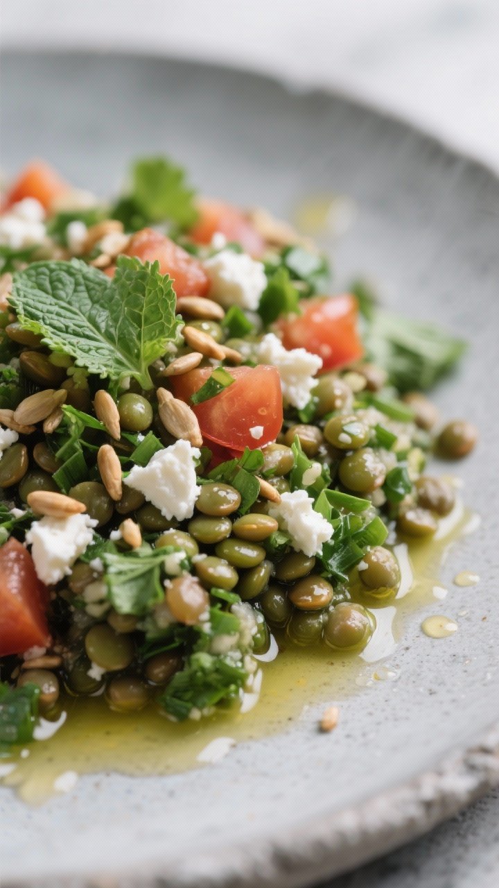 Close-up macro of Supercharged Lentil Tabbouleh: tender green/French lentils folded with finely chopped parsley, mint, juicy diced tomatoes, and crumbled feta, topped with a scatter of toasted crunchy seeds. Tiny droplets of olive oil glisten on the surface, grains and herbs sharply in focus, background softly blurred. Fresh, verdant color palette on a matte stone plate, clean modern styling.