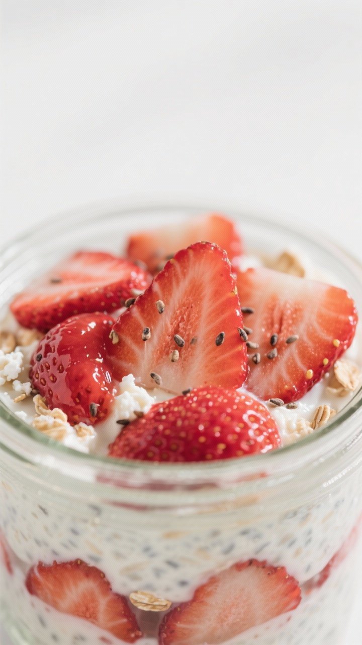 Close-up macro shot of Strawberries & Cream Cottage Cheese Oats in a glass jar: visibly creamy oats made with rolled oats, milk, blended-smooth cottage cheese, chia seeds, and optional vanilla protein; layered with juicy sliced strawberries and a ripple of strawberry compote; tiny vanilla speck detail and chia flecks visible; cool white backdrop, soft diffused light to emphasize lush, thick texture and vibrant red fruit.
