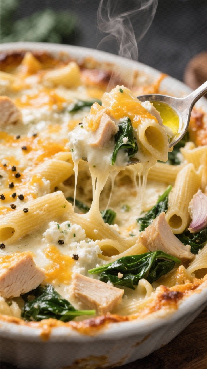 Close-up of a bubbly baked pasta casserole: high-protein pasta folded with creamy cottage cheese Alfredo, diced chicken breast, and wilted baby spinach, garlic notes apparent; golden-brown cheese flecks on top with silky sauce clinging to ridges, strands of steam curling; a serving spoon lifting a cheesy portion to showcase texture and stretch; olive oil drizzle and cracked pepper on the surface.