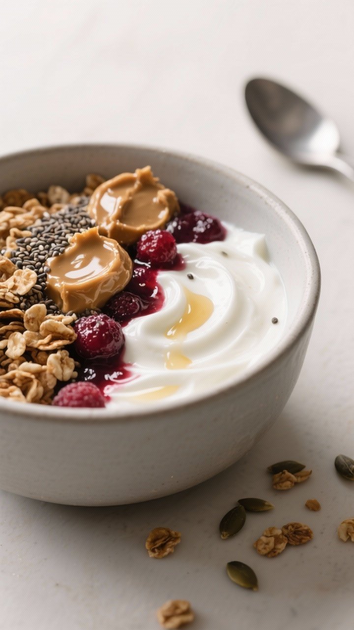 Close-up of a Greek yogurt power bowl in a matte ceramic bowl, thick white yogurt swirled with a jammy berry ripple, glossy peanut butter dollops, sprinkled chia seeds and crunchy granola; a drizzle of honey catching the light, minimal background with a spoon and scattered seeds, soft natural light for creamy texture.