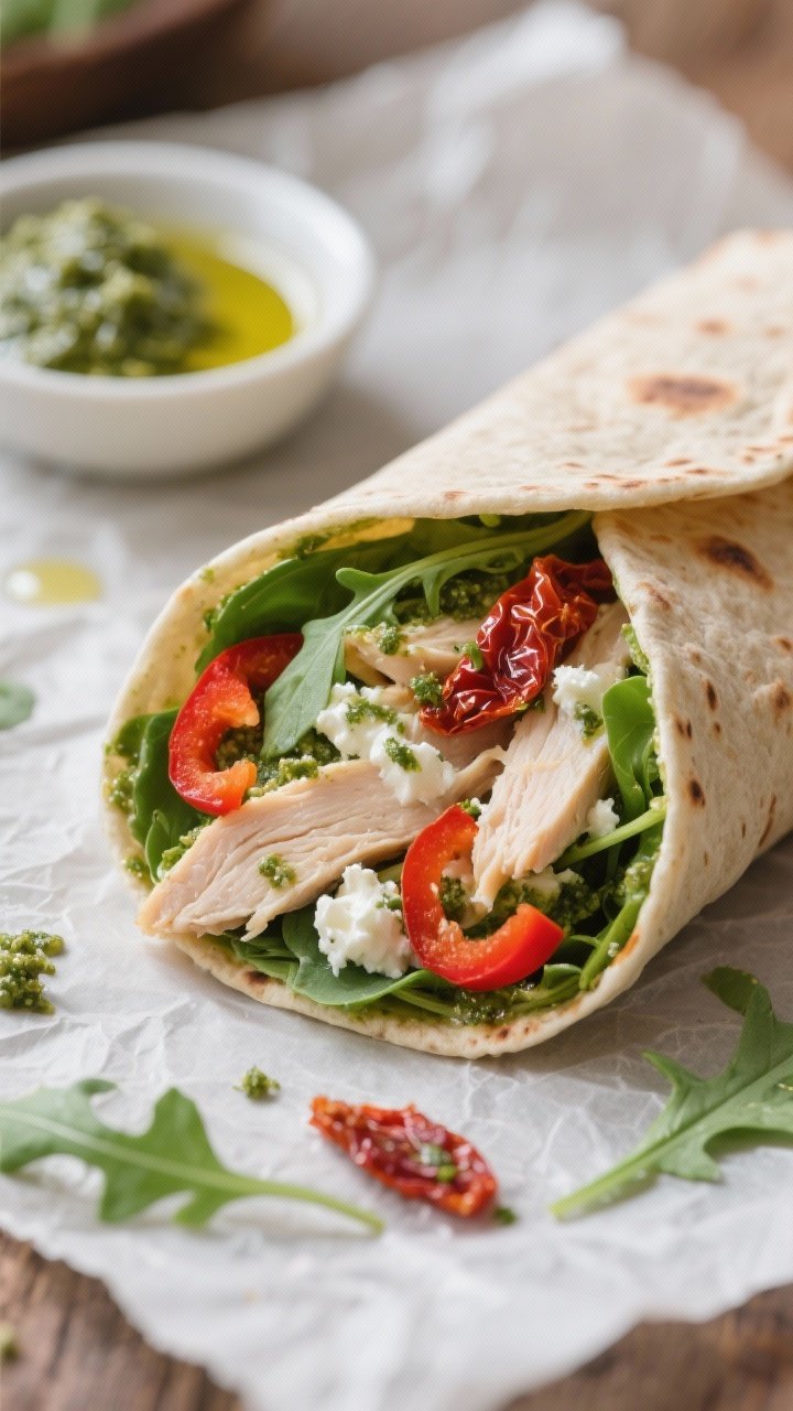 Close-up of a sliced cottage cheese pesto chicken wrap: whole wheat high-fiber tortilla packed with shredded cooked chicken breast tossed in cottage cheese pesto, layered with spinach or baby arugula, roasted red peppers, and ribbons of sun-dried tomatoes; cross-sections revealing creamy green pesto and crimson peppers; set on parchment with a small dish of extra pesto and a drizzle of olive oil.