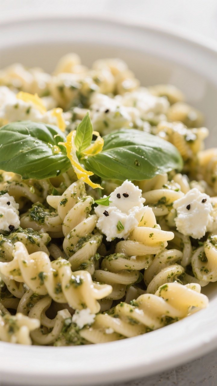 Close-up of Cottage Cheese Pesto Pasta Salad in a shallow white bowl: whole wheat rotini coated in a shockingly creamy blend of low-fat cottage cheese and prepared pesto with a hint of lemon juice and olive oil, flecks of black pepper visible; garnished with fresh basil and microplaned lemon zest, soft window light highlighting the glossy, herb-flecked sauce.