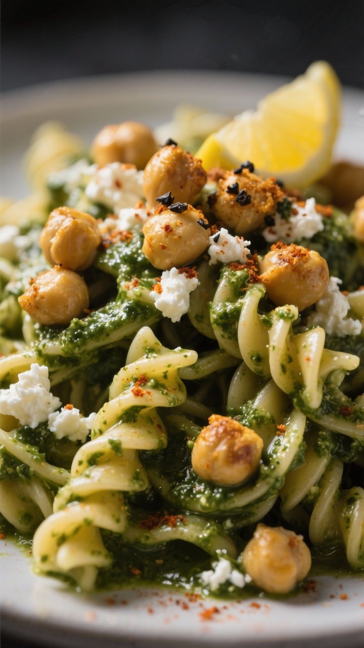 Close-up of Cottage Cheese Pesto Pasta with Crispy Chickpeas: high-protein pasta (chickpea or lentil) coated in a glossy basil pesto-cottage cheese sauce, ribbons of sauce clinging to the spirals; golden crispy chickpeas roasted with olive oil, garlic powder, and smoked paprika scattered on top; finished with a squeeze of lemon and cracked black pepper; shallow depth of field to highlight creamy-meets-crunchy textures, moody backlight for sheen.