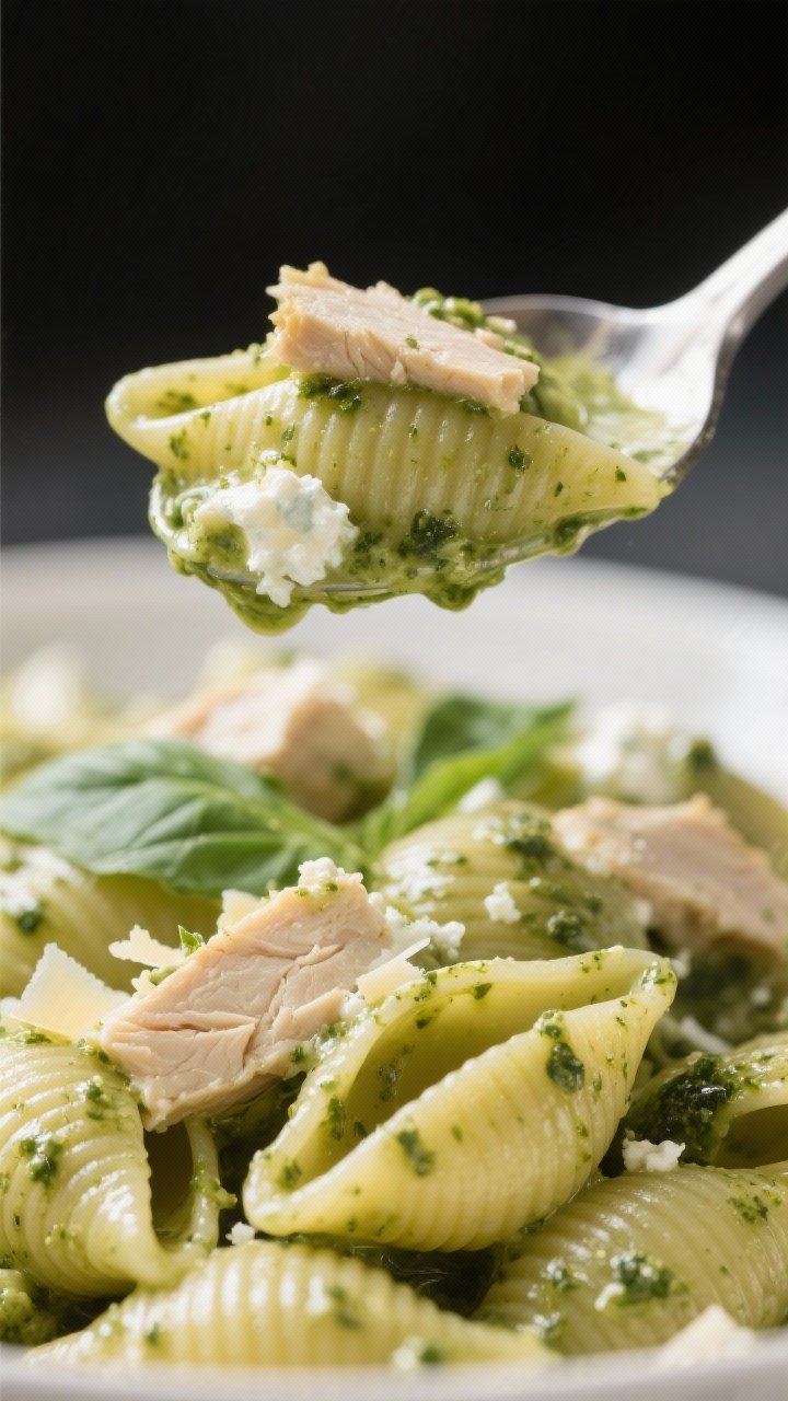 Close-up of creamy pesto cottage cheese pasta with chicken: high-protein pasta shells coated in a silky green pesto-cottage cheese sauce, flecks of basil and Parmesan visible; tender diced chicken breast folded through; shot tight to showcase glossy sauce and ridged pasta texture; shallow depth of field, soft natural light, a spoon lifting a saucy bite.