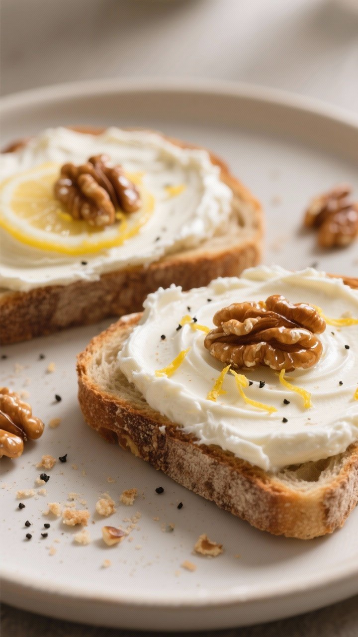 Close-up of creamy ricotta toast on two thick slices of hearty bread: silky ricotta spread generously, honeyed walnuts glistening on top, fine lemon zest and a confident crack of black pepper; crumbs and walnut bits scattered artfully, neutral plate, soft side light accentuating ricotta swirls.