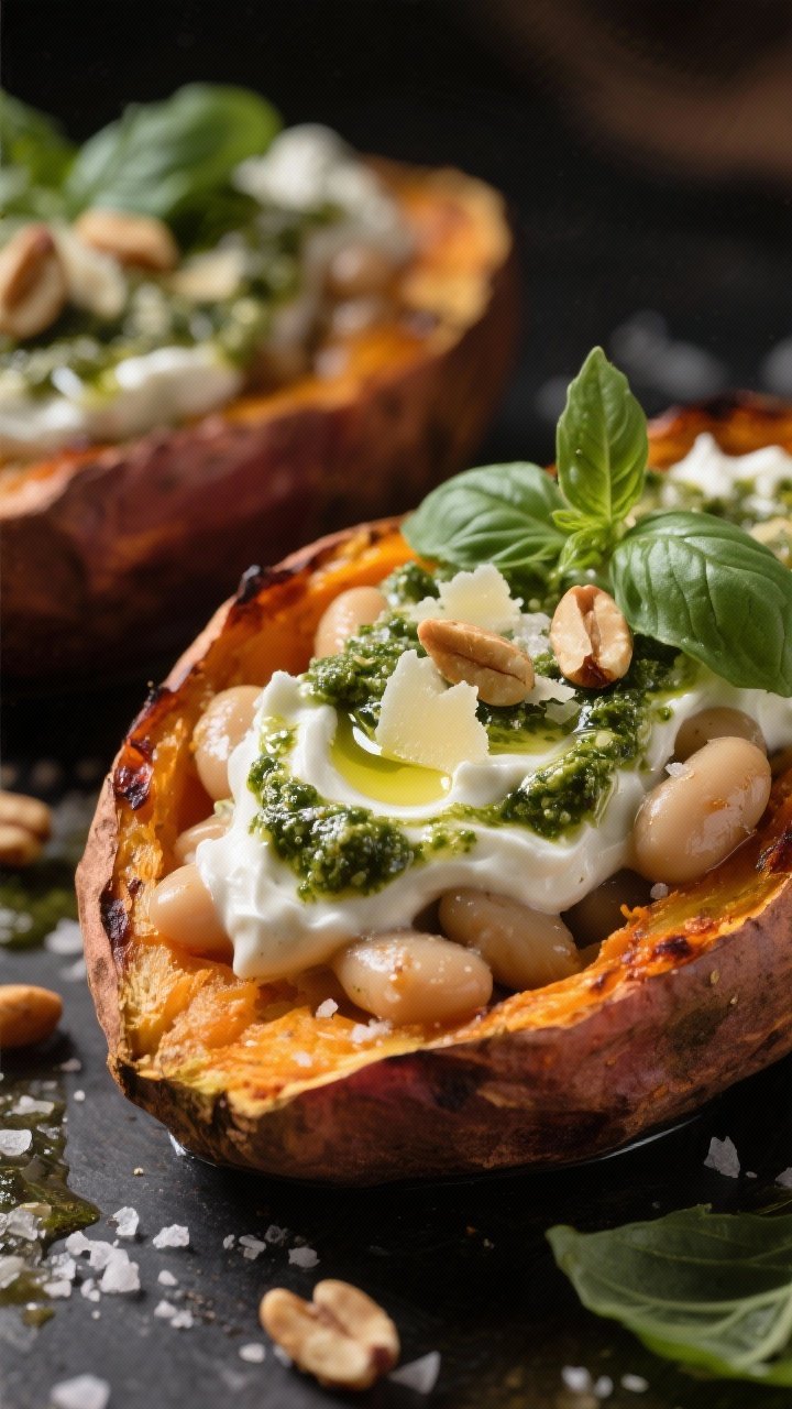 Close-up of Creamy White Bean Pesto Stuffed Sweet Potatoes: roasted sweet potatoes split open with caramelized edges, stuffed with a silky pesto-whipped cannellini bean filling blended with Greek yogurt and Parmesan; glossy basil pesto swirls visible; topped with toasted pine nuts, fresh basil, and a light olive oil sheen; salt flakes catching light; warm, moody background to emphasize the creamy texture.