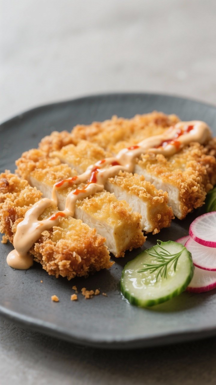 Close-up of crispy tofu katsu: golden panko-crusted tofu cutlets (flour, egg or aquafaba, panko, salt) sliced to reveal tender interior; drizzled with creamy sriracha mayo; accompanied by quick pickles (cucumber and radish coins) with visible dill and vinegar shine. Textural emphasis on crunch, shallow depth of field, cool slate plate, clean minimalist styling.