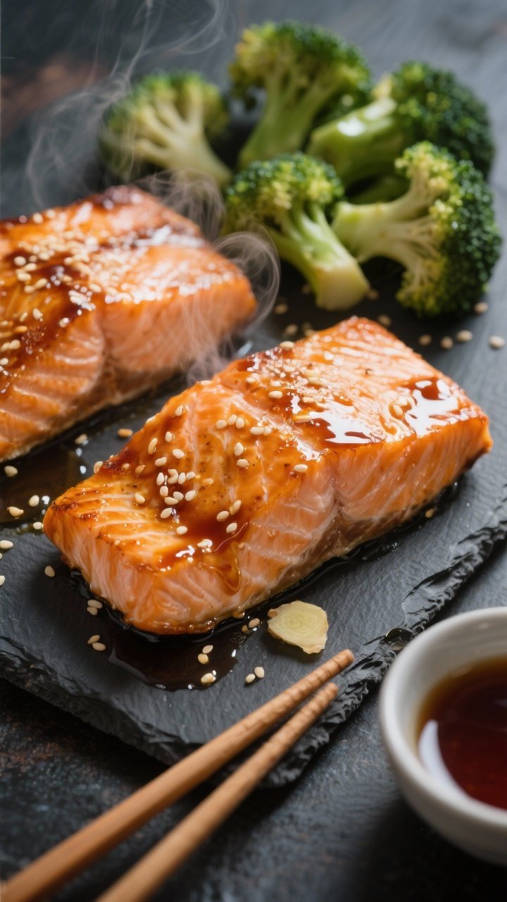 Close-up of honey-soy ginger salmon fillets just out of the oven: lacquered, caramelized glaze of low-sodium soy/tamari, honey, rice vinegar, toasted sesame oil, fresh grated ginger, and minced garlic clinging to flaky salmon; side of sesame-tossed broccoli florets with a few toasted sesame seeds; steam rising, glossy glaze highlights, set on a dark slate for contrast, chopsticks and a small bowl of extra glaze in frame.