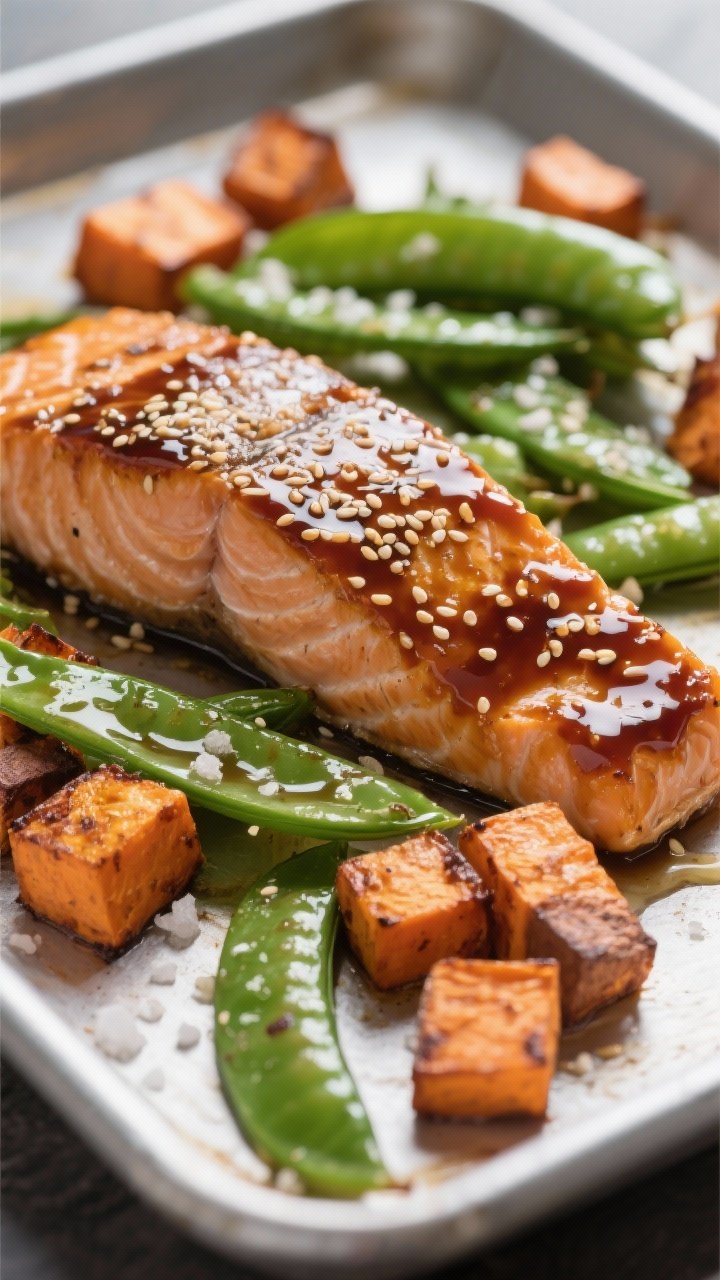 Close-up of miso-ginger glazed salmon fillet (skin-on) with lacquered surface and sesame flecks, flaking gently; roasted 1-inch sweet potato cubes caramelized at the edges and crisp-tender sugar snap peas glistening with olive/avocado oil; a pinch of flaky salt visible; captured straight-on on a sheet pan for a modern, minimal look.