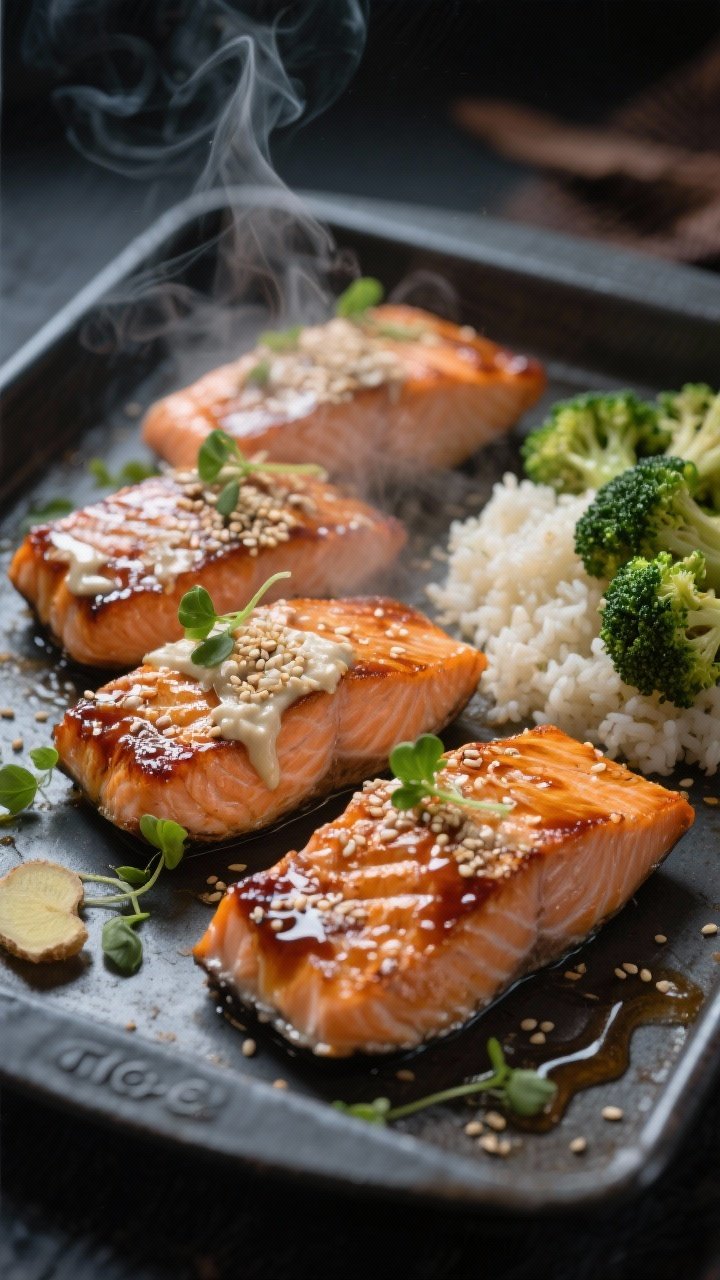 Close-up of miso-ginger salmon fillets on a sheet pan: four lacquered salmon portions brushed with a glossy glaze of white miso paste, low-sodium soy/tamari, maple syrup, rice vinegar, and freshly grated ginger; sesame-sprinkled broccoli “rice” on the side with a light sheen of oil. Steam rising, caramelized edges on salmon, sesame seeds and microgreens scattered, moody light with dark ceramic plate for serving, Japanese-inspired minimalism.